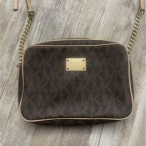 Michael Kors Brown Logo Saffiano Leather Gold Chain Jet Set Small Crossbody